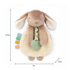 Plush bunny toy with rattle and measurements on a white background