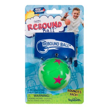 Neon Rebound Ball packaging with a green ball featuring a pink star on a blue background.