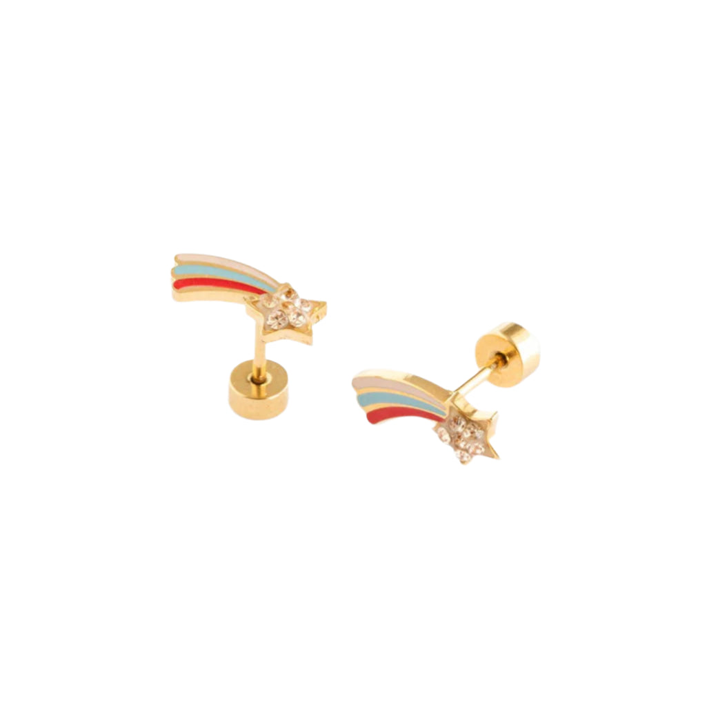 Gold earrings with rainbow design on a white background