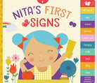 Book cover of 'Nita's First Signs' with a colorful illustration of a child holding a sign.