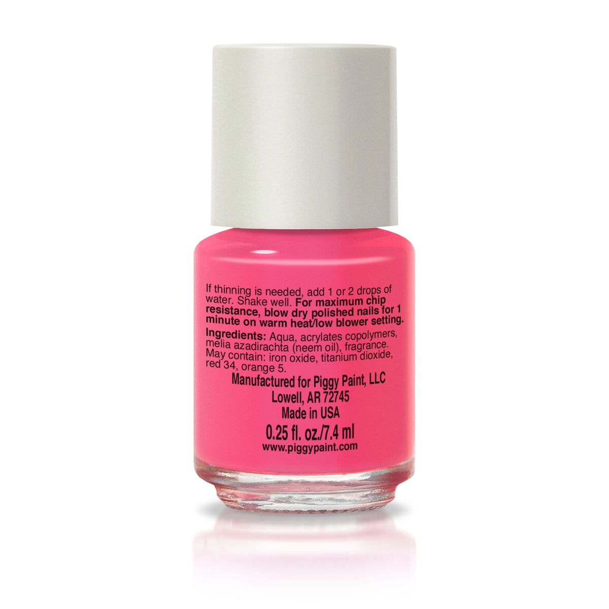 A bottle of Piggy Paint nail polish in a bright pink shade, with a white cap, shown on a white background with a faint reflection.