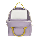 A lavender purple backpack shown open, revealing a white laptop inside. The backpack features bright yellow handles and zipper pulls, and is photographed against a clean white background.