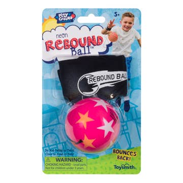 Neon rebound ball packaging with a child holding a ball on a blue background
