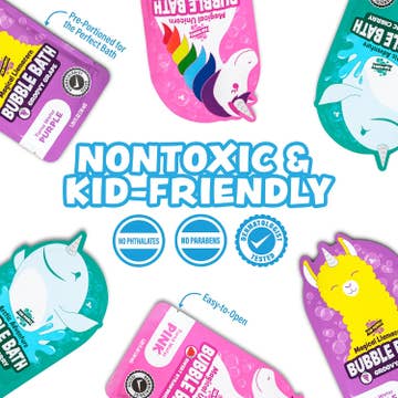 Bubble bath packaging with colorful designs and text indicating 'Nontoxic & Kid-Friendly'.