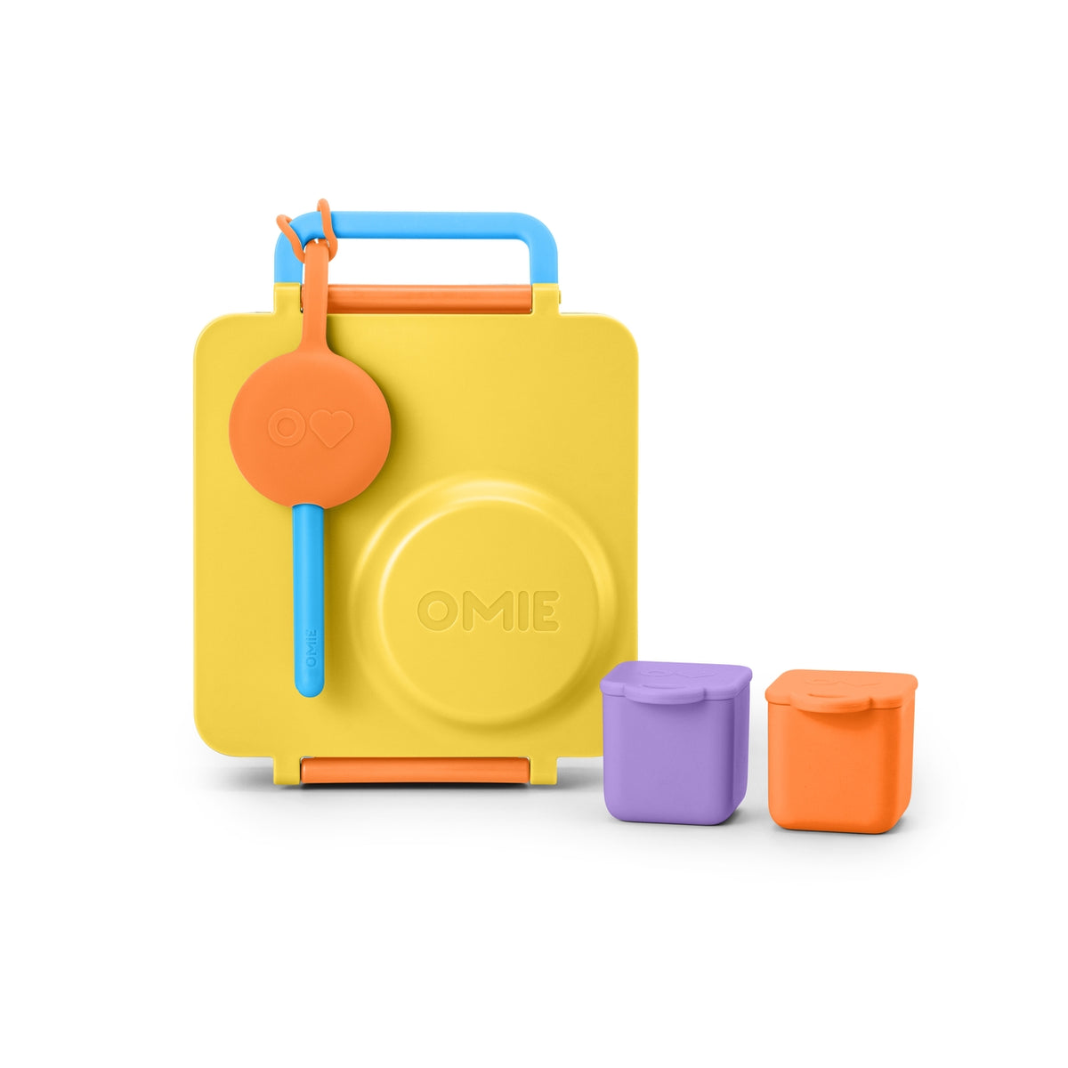 A yellow OMIE lunch box with a blue handle and orange latch, shown on a white background with two small accessory containers in purple and orange.