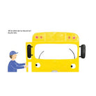 Illustration of a person opening the door of a yellow school bus with text on a white background.