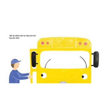Illustration of a person opening the door of a yellow school bus with text on a white background.