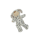 Stuffed toy resembling a baby in a dalmatian costume on a black background