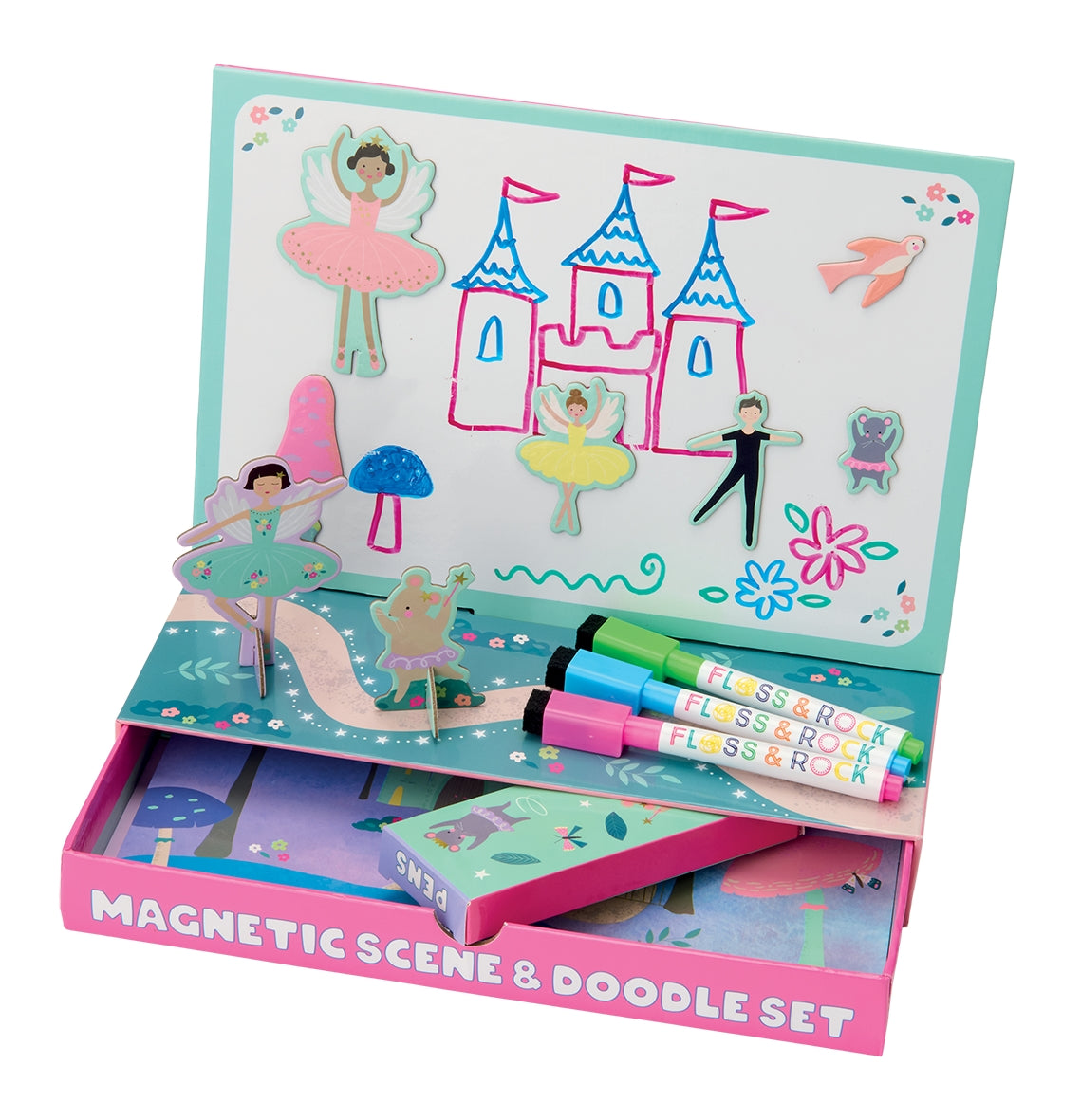 Magnetic scene and doodle set with castle and ballerina designs on a white background