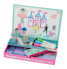 Magnetic scene and doodle set with castle and ballerina designs on a white background