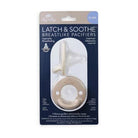 Packaging of Latch & Soothe breastlike pacifiers with a beige pacifier inside on a white background.