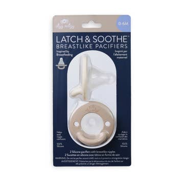 Packaging of Latch & Soothe breastlike pacifiers with a beige pacifier inside on a white background.