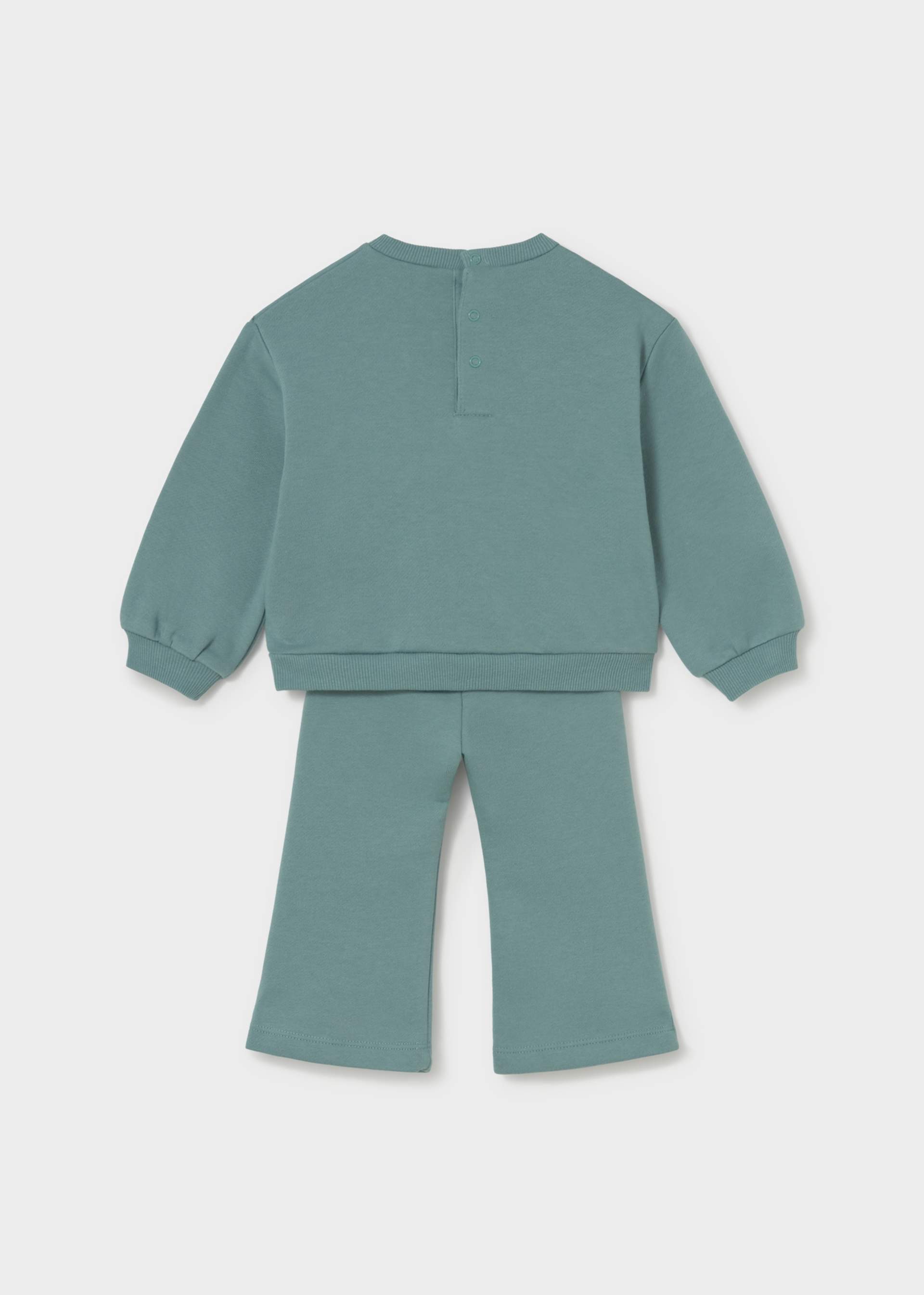 A two-piece children's loungewear set in a dusty sage green color, featuring a long-sleeve sweatshirt and matching wide-leg pants, shown from the back on a light gray background.