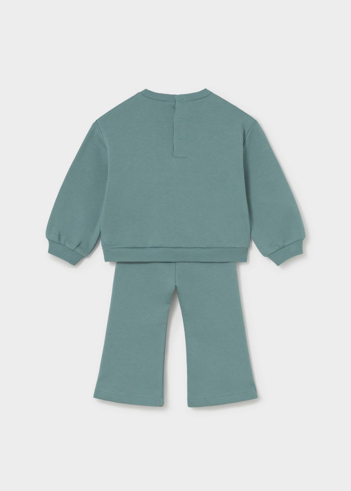 A two-piece children's loungewear set in a dusty sage green color, featuring a long-sleeve sweatshirt and matching wide-leg pants, shown from the back on a light gray background.
