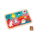 Children's wooden puzzle with animal figures on a colorful background, featuring the brand 'Janod'.