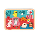 Children's puzzle with animal figures on a colorful background, brand 'Janod' visible