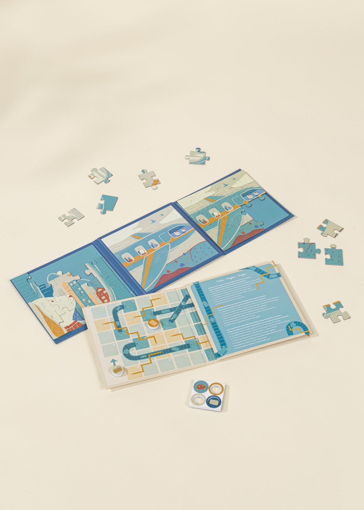 Children's puzzle with airplane design on a beige background