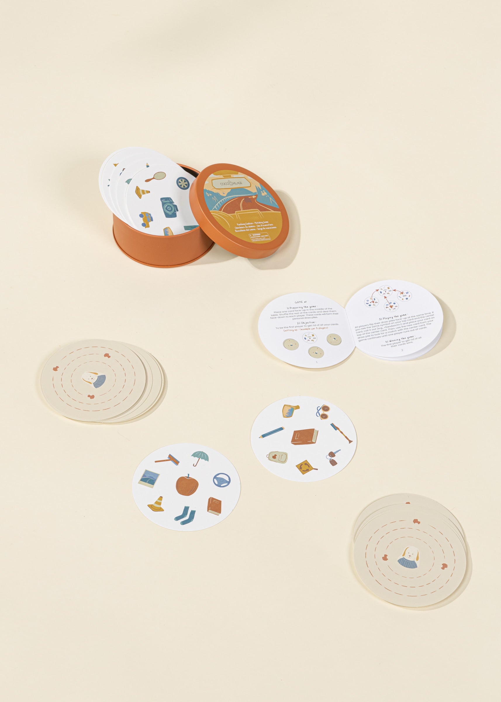 Set of circular coasters with illustrations on a beige background