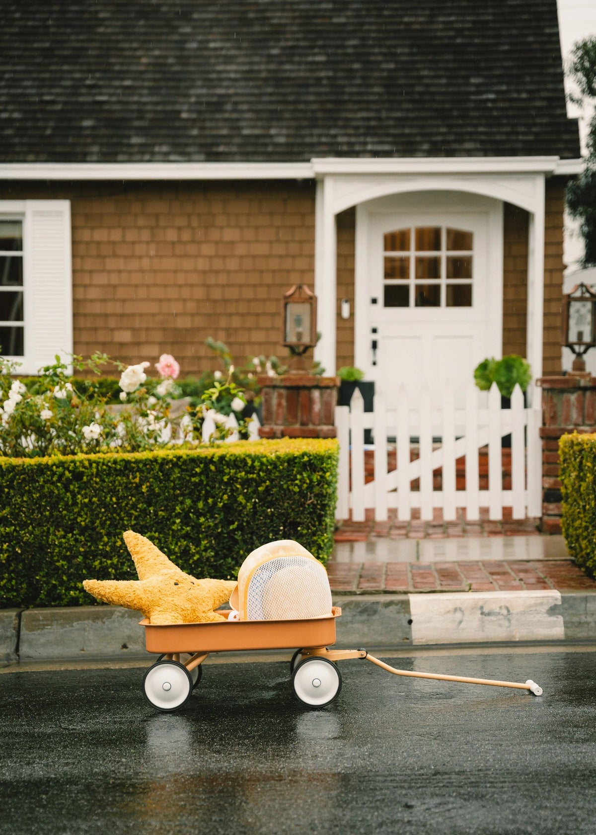 Toy airplane and suitcase in a wagon on a wet driveway in front of a house.