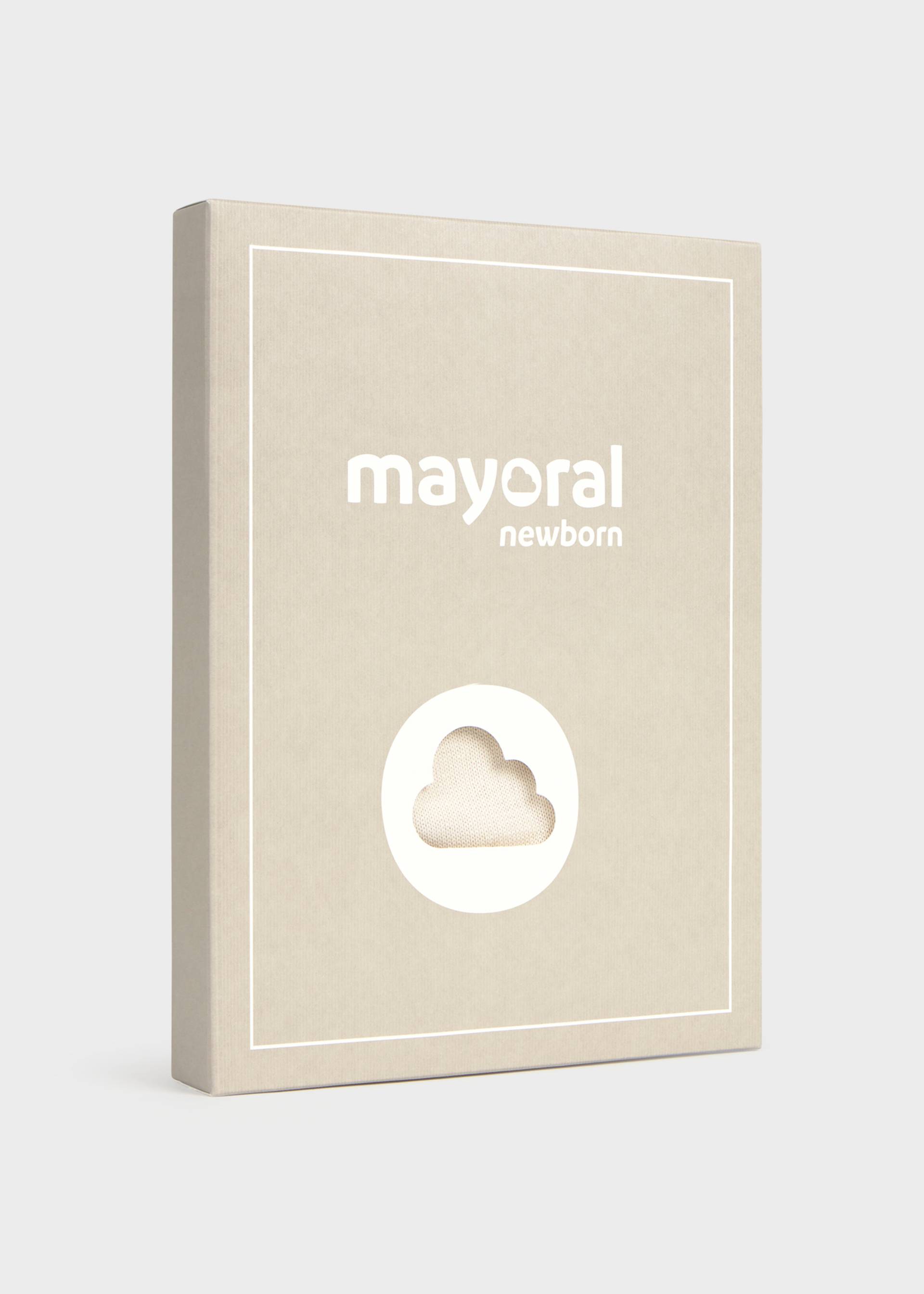A rectangular beige product box with white border lines and the text 'mayoral newborn' on the front, plus a white cloud-shaped cutout window near the bottom, shown on a light gray background.