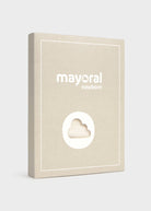 A rectangular beige product box with white border lines and the text 'mayoral newborn' on the front, plus a white cloud-shaped cutout window near the bottom, shown on a light gray background.