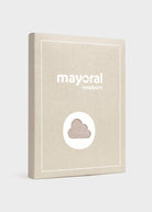 A beige rectangular product box with white border lines and the text 'mayoral newborn' on the front, plus a circular cutout showing a textured cloud-like pattern. The box is photographed on a clean light gray background.