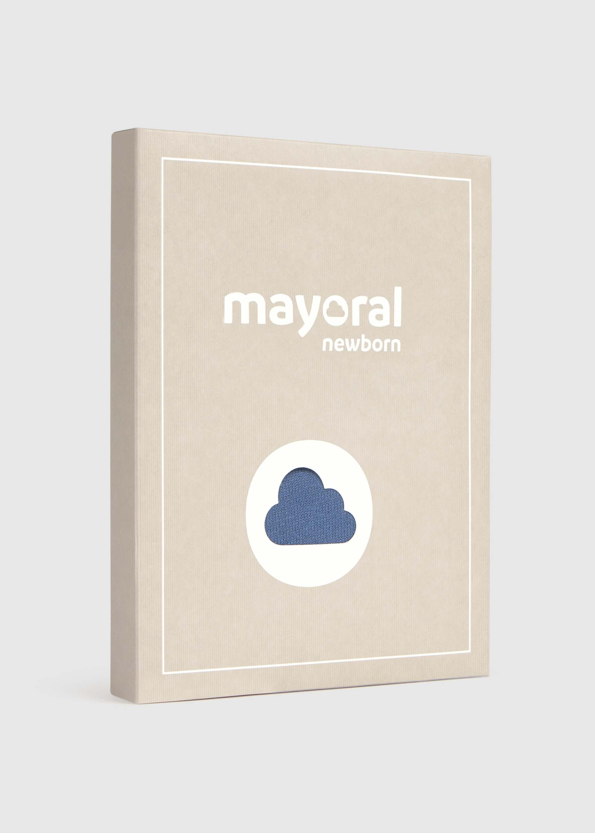 A rectangular beige product box or book-style package standing upright on a light gray background. The front has white border lines, the text 'mayoral newborn' in white, and a white oval containing a blue cloud icon.
