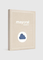 A rectangular beige product box or book-style package standing upright on a light gray background. The front has white border lines, the text 'mayoral newborn' in white, and a white oval containing a blue cloud icon.