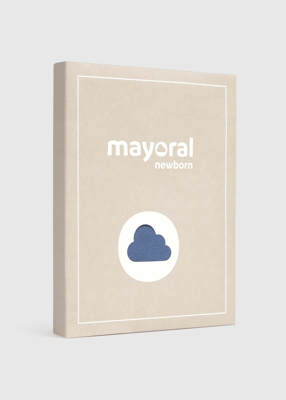 A rectangular beige product box or book-style package standing upright on a light gray background. The front has white border lines, the text 'mayoral newborn' in white, and a white oval containing a blue cloud icon.