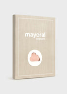 A rectangular beige product box with white border lines and the text 'mayoral newborn' on the front, featuring a white oval cutout with a pink cloud-shaped insert, shown on a light gray background.