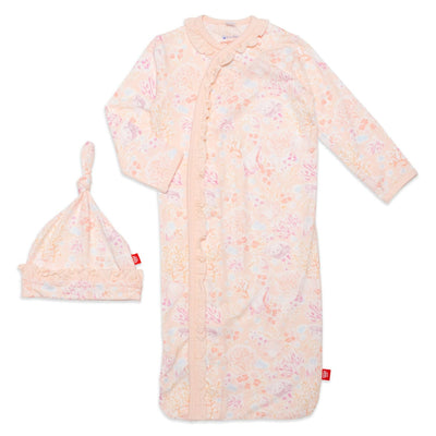 Coral Floral Modal Magnetic Cozy Sleeper Gown and Hat Set with Ruffles by Magnetic Me