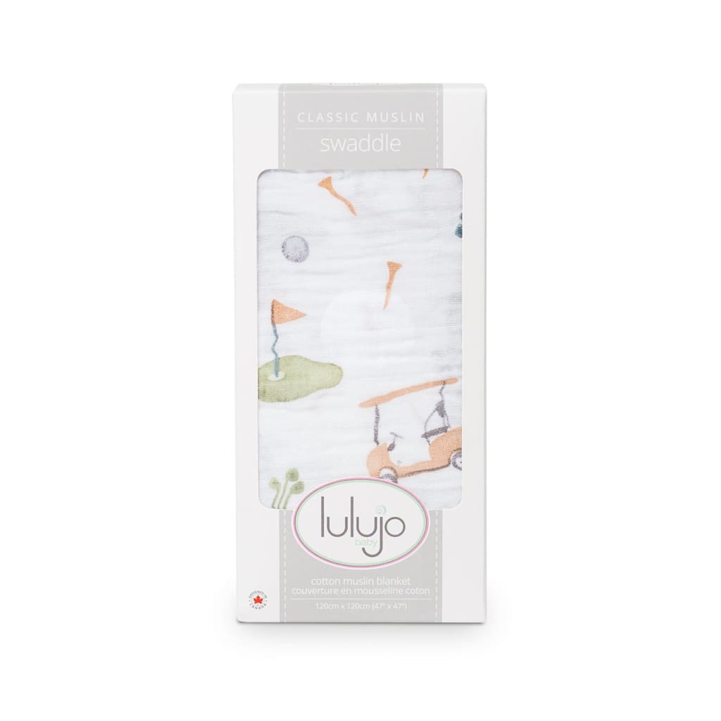 Lulujo swaddle blanket packaging with illustrated design on a white background
