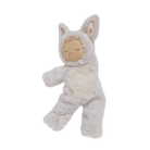 Plush toy resembling a baby in a white outfit on a transparent background