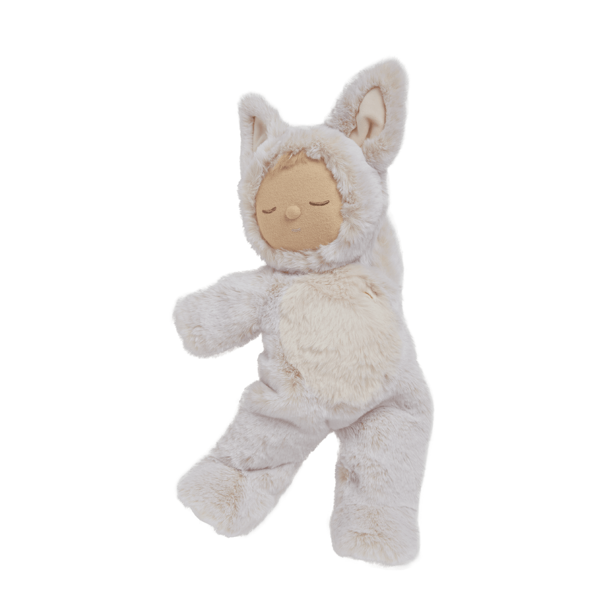 Plush toy resembling a baby in a white outfit on a transparent background