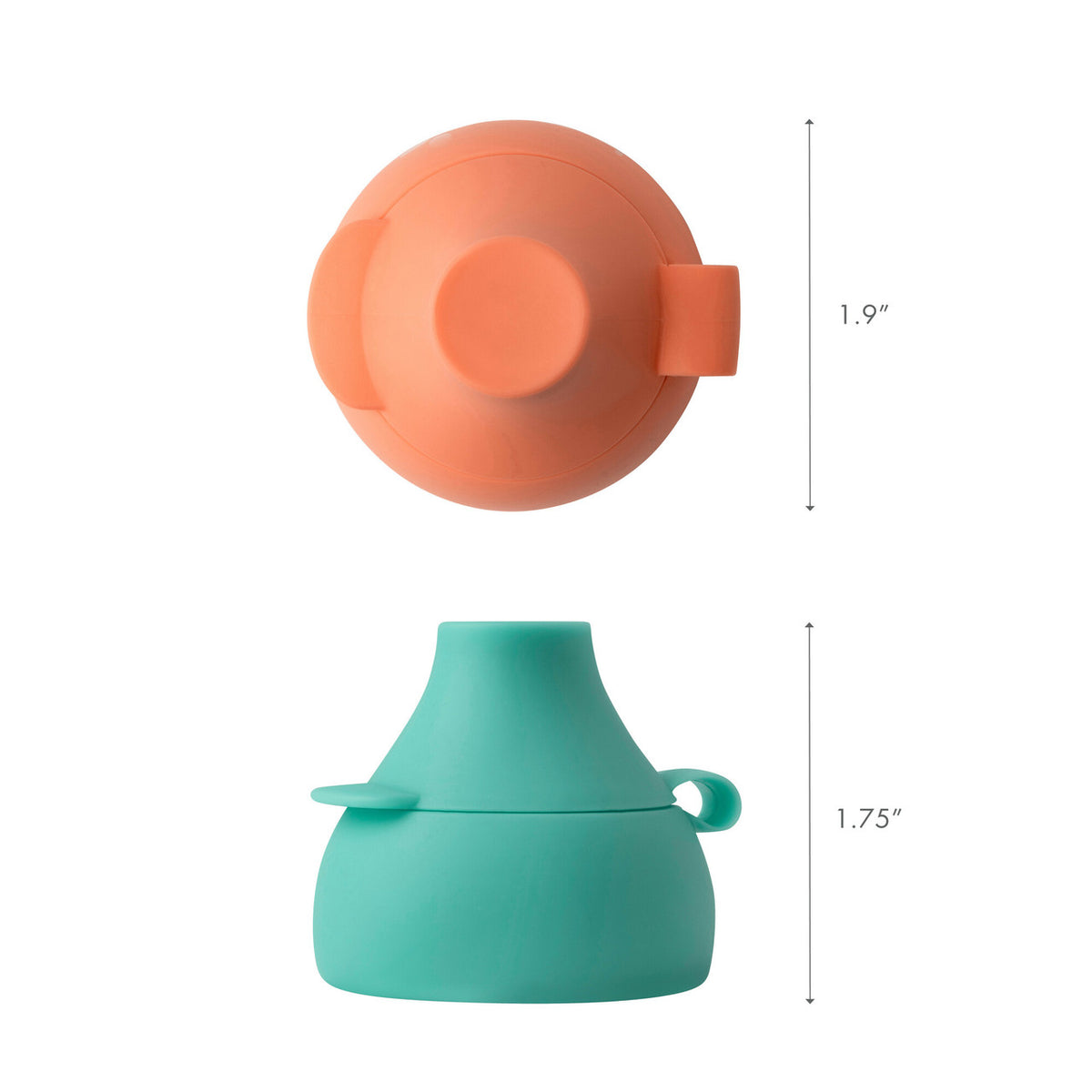 Green silicone cup with orange lid and measurements on a white background