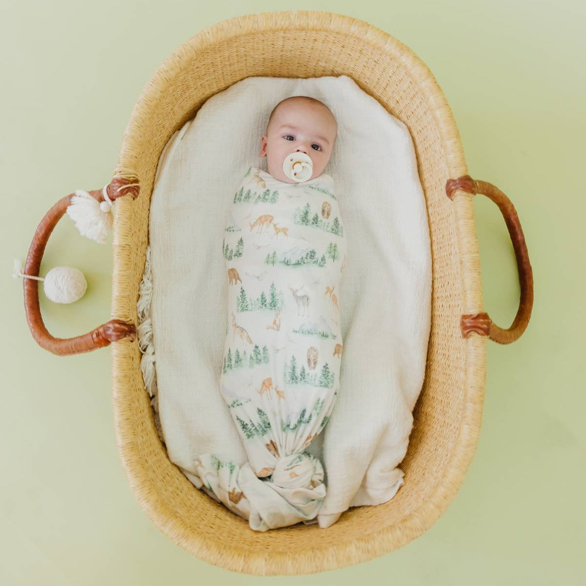Baby swaddled in a patterned blanket lying in a woven basket on a light green background