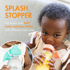 Child holding a bottle with a Splash Stopper feature, showing text about compatibility with various bottle neck sizes.