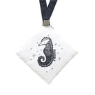 White pouch with a black seahorse design and a strap on a white background
