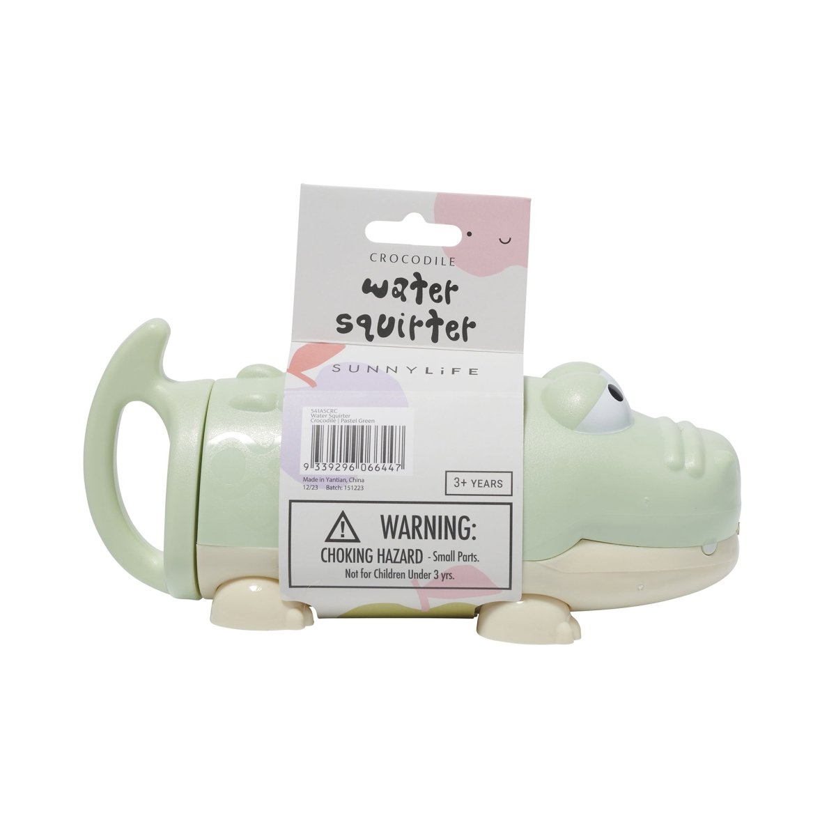 Light green hippo-shaped water squirter with Sunnylife branding on a white background