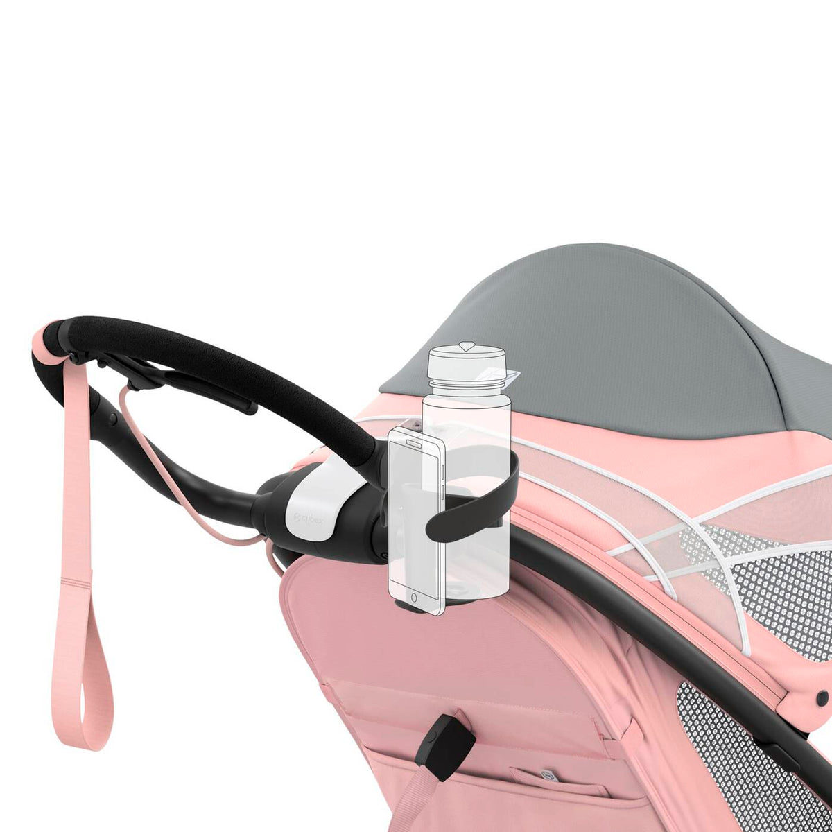Stroller water bottle holder attached to a pink stroller on a white background