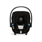 Black baby car seat with a visible brand logo on a white background
