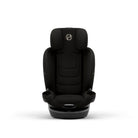 A black infant car seat with a padded headrest and side bolsters, shown from the front on a clean white background. The seat features a circular logo badge on the top of the headrest.