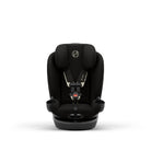Black car seat with visible brand logo on a white background