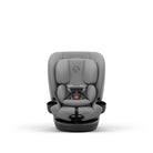 Gray car seat with a visible brand logo on a white background