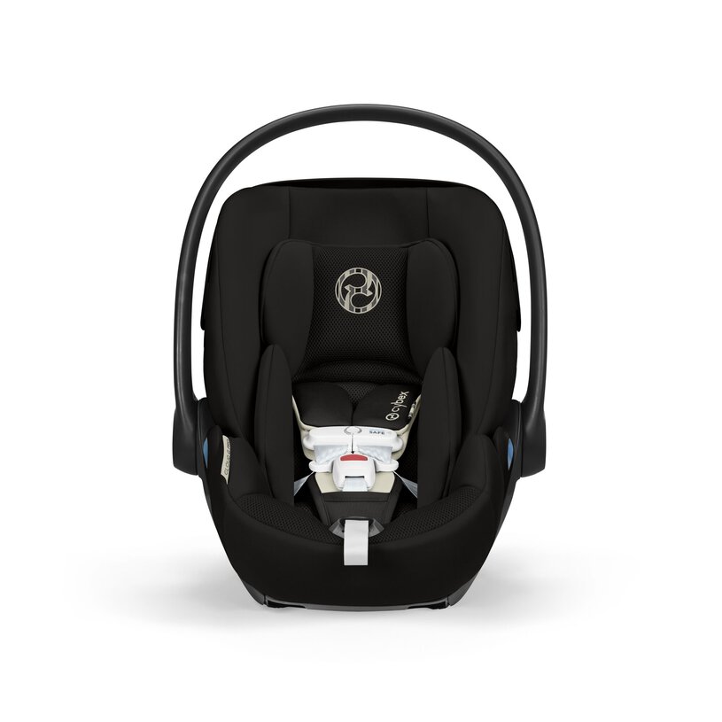 Black baby car seat with a visible brand logo on a white background