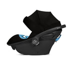 Black baby car seat with blue accents on a white background