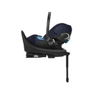 Black and blue car seat with base on a white background