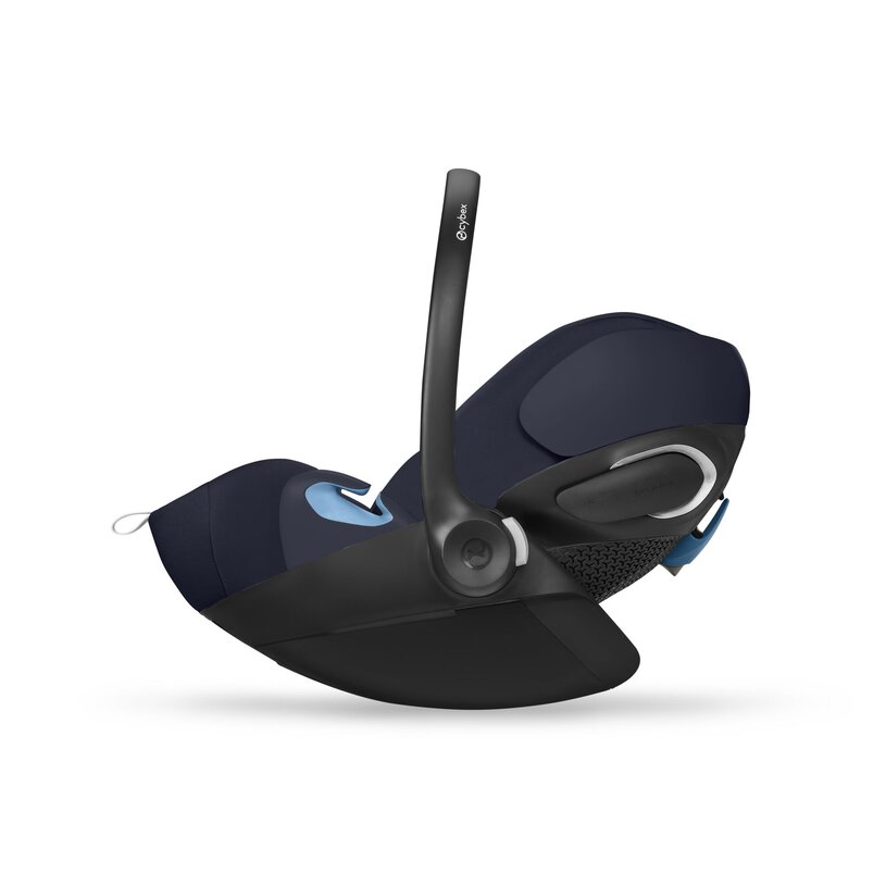 Black baby car seat with blue accents on a white background
