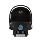 Black baby car seat with a visible brand logo on a white background