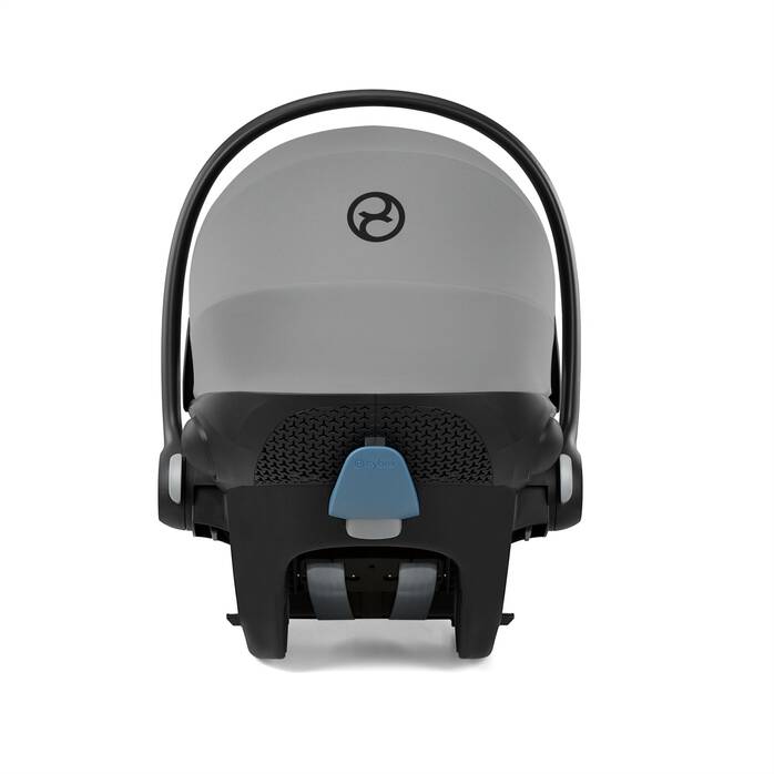 Baby car seat with a clear canopy on a white background